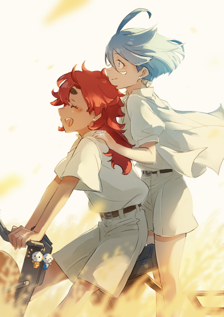 2girls absurdres ahoge belt belt_buckle bicycle blue_hair blurry blurry_foreground buckle closed_mouth commentary_request cool_(gundam_suisei_no_majo) day earrings gundam gundam_suisei_no_majo hand_on_another's_shoulder highres hots_(gundam_suisei_no_majo) jewelry long_hair miorine_rembran multiple_girls open_mouth outdoors profile red_hair riding riding_bicycle ring shirt short_hair short_sleeves shorts smile stud_earrings suletta_mercury thick_eyebrows wedding_ring white_background white_shirt white_shorts wife_and_wife yaco_(085) yuri