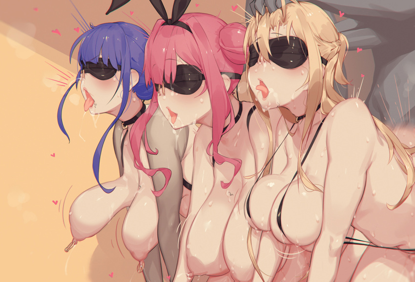 3girls ahegao asuna_(sao) azur_lane black_blindfold black_choker black_one-piece_swimsuit blindfold bouncing_breasts braid breasts bremerton_(azur_lane) bremerton_(kung_fu_cruiser)_(azur_lane) brown_hair caisan choker commentary_request french_braid genshin_impact grabbing_another's_hair grey_hair hair_bun hetero implied_sex large_breasts long_hair motion_lines multiple_girls nipple_piercing nipple_rings nipples nose_hook nude official_alternate_hairstyle one-piece_swimsuit open_mouth piercing pink_hair purple_hair raiden_shogun sex sex_from_behind simple_background slingshot_swimsuit swimsuit sword_art_online tongue tongue_out