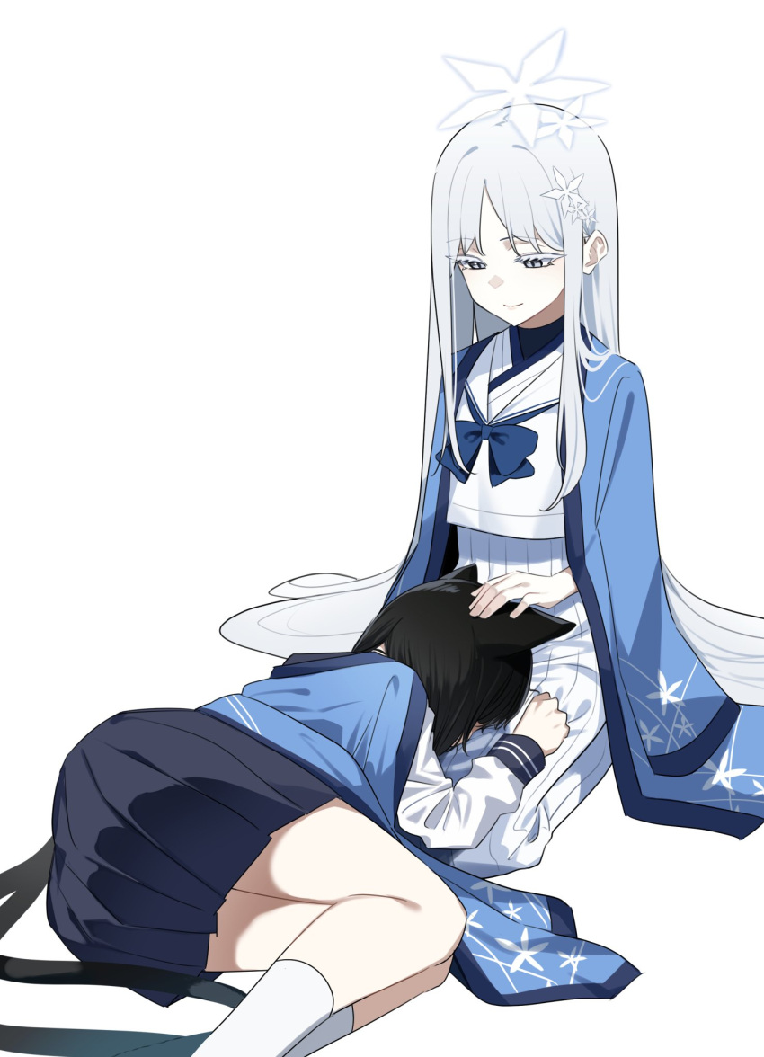 2girls animal_ears black_hair black_skirt blue_archive cat_ears cat_tail closed_mouth colored_eyelashes grey_eyes hair_ornament halo haori highres japanese_clothes kikyou_(blue_archive) long_hair long_sleeves mm_(mm_chair) multiple_girls multiple_tails nagusa_(blue_archive) pleated_skirt sailor_collar school_uniform serafuku short_hair simple_background skirt smile socks tail two_tails white_background white_hair white_sailor_collar white_skirt white_socks