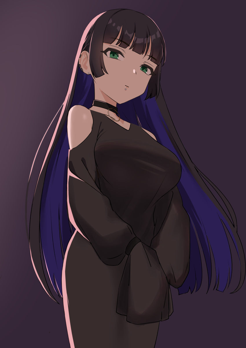 1girl absurdres black_choker black_dress black_hair blue_hair bocchi_the_rock! chin_piercing choker dress ear_piercing etsutsuni gothic green_eyes highres hime_cut lip_piercing long_hair long_sleeves mouth_piercing multicolored_hair pa-san piercing purple_background simple_background solo two-tone