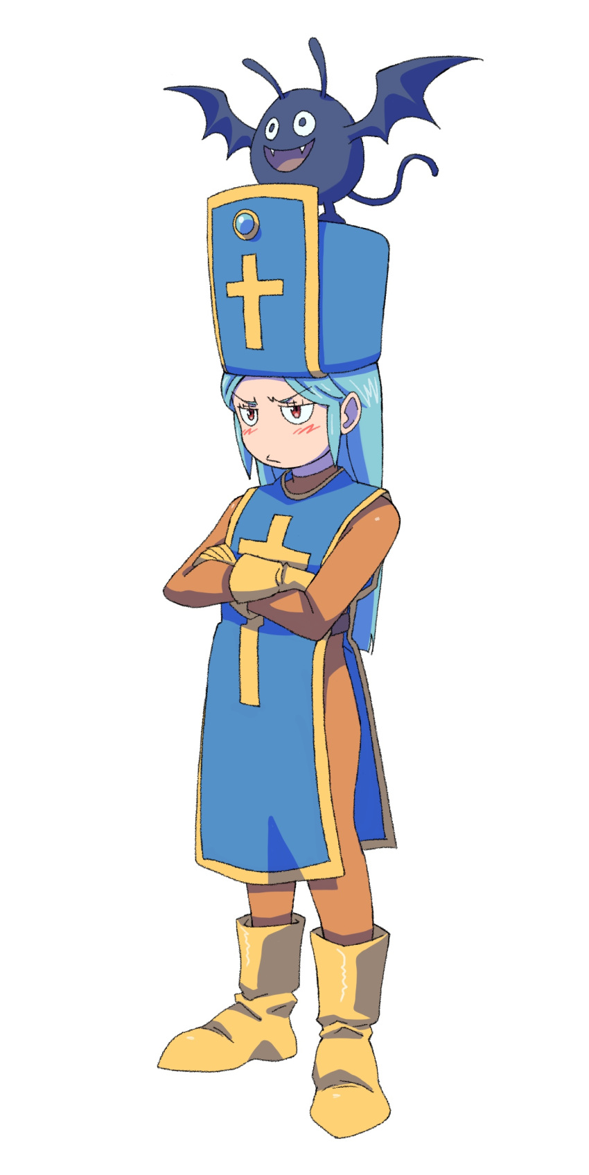 1girl absurdres blue_hair blue_headwear blush bodysuit boots closed_mouth creature cross crossed_arms dragon_quest dragon_quest_iii drakee full_body gloves hat highres light_blue_hair long_hair mitre no_nose on_head orange_bodysuit powerhamuhamu priest_(dq3) red_eyes simple_background solo standing straight_hair tabard unamused v-shaped_eyebrows white_background yellow_footwear yellow_gloves