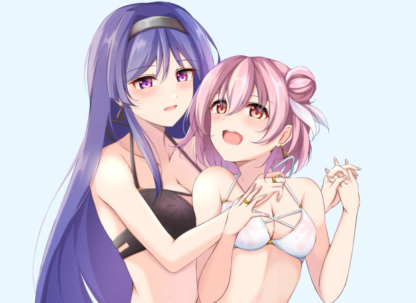 2girls 7-mzk :d alternate_hairstyle assault_lily bare_arms bare_shoulders behind_another bikini black_bikini black_hairband blue_background blush breasts cleavage collarbone commentary_request cross-laced_bikini cross-laced_clothes earrings floral_print hair_between_eyes hair_bun hair_ribbon hairband halterneck hand_on_another's_hand highres hitotsuyanagi_riri holding_hands interlocked_fingers itou_shizu_(assault_lily) jewelry long_hair looking_at_another looking_to_the_side medium_breasts multiple_girls open_mouth parted_lips pink_eyes pink_hair print_bikini purple_eyes purple_hair ribbon ring short_hair sidelocks simple_background single_side_bun smile swimsuit teeth upper_body upper_teeth_only very_long_hair white_bikini white_ribbon yuri
