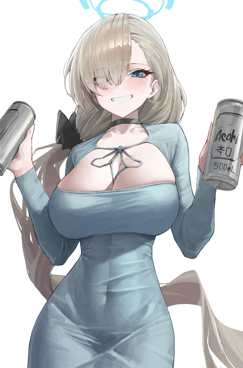 1girl absurdres alcohol alternate_costume asahi_breweries asuna_(blue_archive) beer black_choker blue_archive blue_dress blue_eyes blue_halo blush breasts can choker dress eyes_visible_through_hair grey_hair grin hair_over_one_eye halo highres holding holding_can hwan_(verypoor) large_breasts long_hair long_sleeves simple_background smile solo teeth white_background