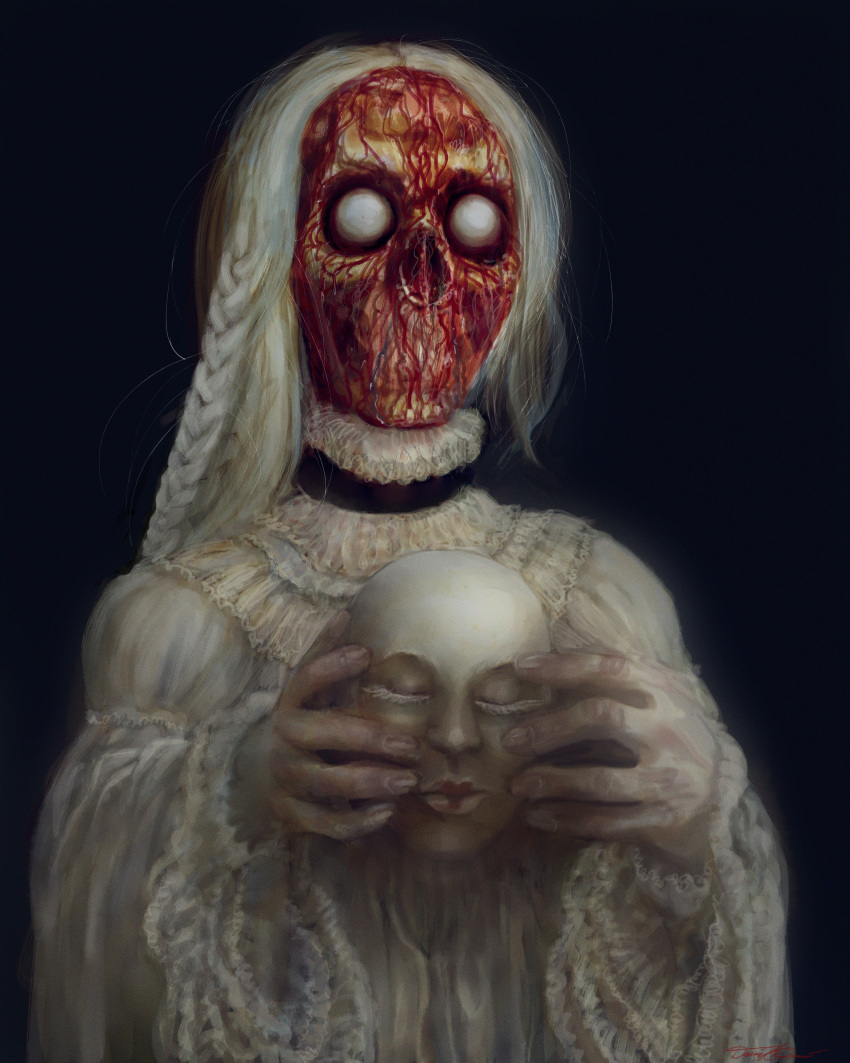 1girl absurdres black_background blood_vessels braid cinemamind dress ghost highres holding horror_(theme) long_hair long_sleeves mask realistic simple_background solo upper_body white_hair