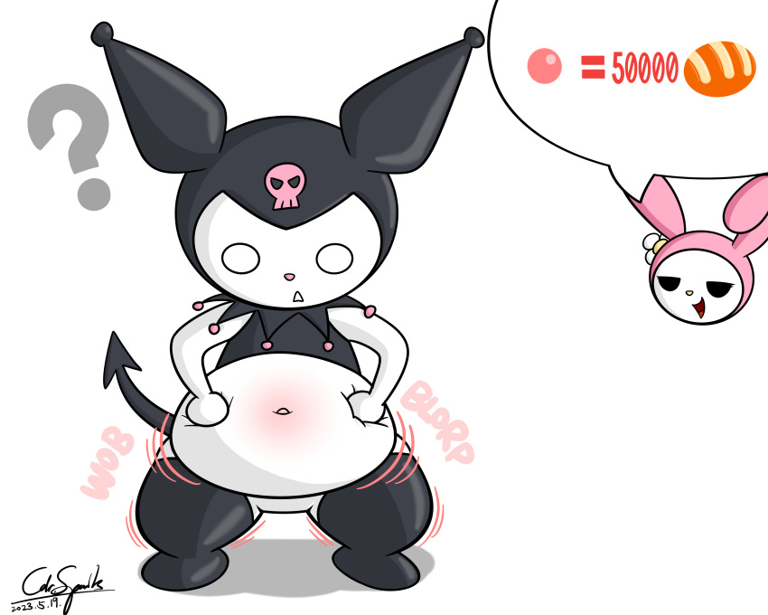absurd_res animal_humanoid anthro belly belly_expansion belly_grab bottom_heavy cdrspark clothing demon duo expansion expansion_sound_effect female female/female force_feeding forced hi_res humanoid kuromi lagomorph lagomorph_humanoid legwear leporid leporid_humanoid mammal mammal_humanoid my_melody navel onegai_my_melody question_mark rabbit sanrio sound_effects thigh_expansion thigh_highs