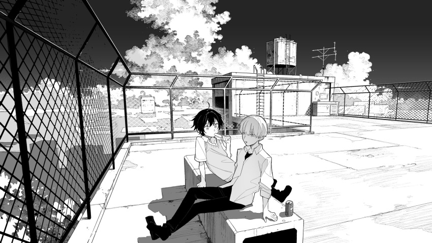 1boy 1girl can cloud collared_shirt food greyscale highres kushiro_yuu looking_afar looking_at_another monochrome original pants parted_lips popsicle rooftop shadow shirt short_hair sitting sky sleeves_rolled_up sweater_vest