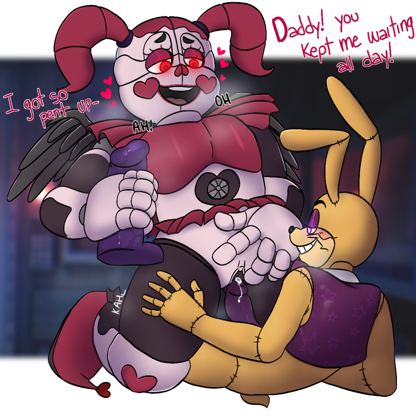 2023 animatronic anthro big_dildo bodily_fluids breath circus_baby_(fnaf) clothing corruption cowgirl_position cum cum_inside daughter_(lore) digital_media_(artwork) dildo duo english_text father_(lore) father_and_child_(lore) father_and_daughter_(lore) female five_nights_at_freddy's five_nights_at_freddy's_vr:help_wanted from_front_position fur genital_fluids glitchtrap heartsick_baby_(fnaf) hi_res humanoid in_heat incest_(lore) kahl_(artist) lagomorph leporid machine male male/female mammal on_bottom on_top parent_(lore) parent_and_child_(lore) parent_and_daughter_(lore) rabbit red_eyes robot scottgames sex sex_toy sister_location size_difference text topwear vest virus wings yellow_body yellow_fur