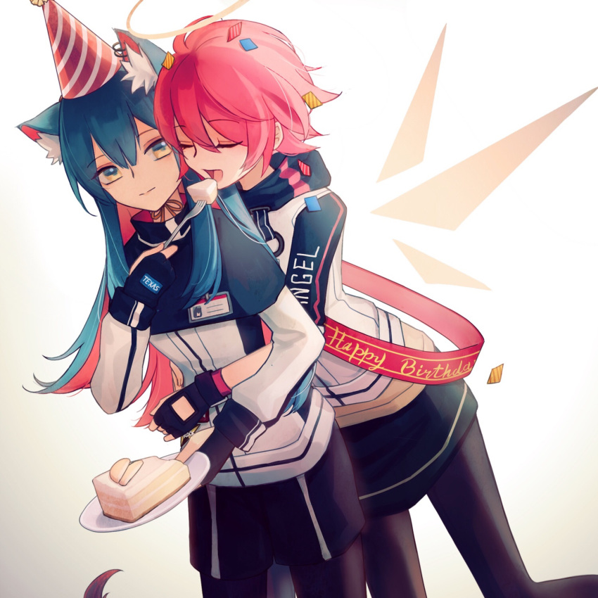 2girls :d animal_ear_fluff animal_ears arknights black_gloves black_hair black_pantyhose black_skirt cake cake_slice character_name closed_eyes clothes_writing colored_inner_hair detached_wings dutch_angle ear_piercing energy_wings exusiai_(arknights) feeding fingerless_gloves food fork gloves hair_between_eyes halo happy_birthday hat highres holding holding_fork holding_plate hug hug_from_behind ichi_ran id_card jacket long_hair long_sleeves looking_at_viewer multicolored_hair multiple_girls open_mouth pantyhose party_hat piercing plate red_hair sash short_hair simple_background skirt smile texas_(arknights) white_background white_jacket wings wolf_ears wolf_girl yellow_eyes yuri