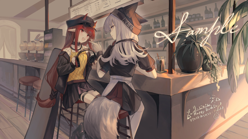 2girls :d animal_ears arknights bar_stool beanie black_headwear black_shirt black_skirt cafe clothes_writing commission demon_girl demon_horns demon_tail drink ears_through_headwear fishnet_top fishnets fox_ears fox_tail frostleaf_(arknights) grey_hair happy_birthday hat headphones hemorina highres holding holding_headphones horns horns_through_headwear indoors jacket long_hair looking_at_another maid multiple_girls off_shoulder open_clothes open_jacket open_mouth plant potted_plant red_eyes red_hair restaurant shirt skeb_commission skirt smile stool tail teeth upper_teeth_only very_long_hair vigna_(arknights) yellow_shirt