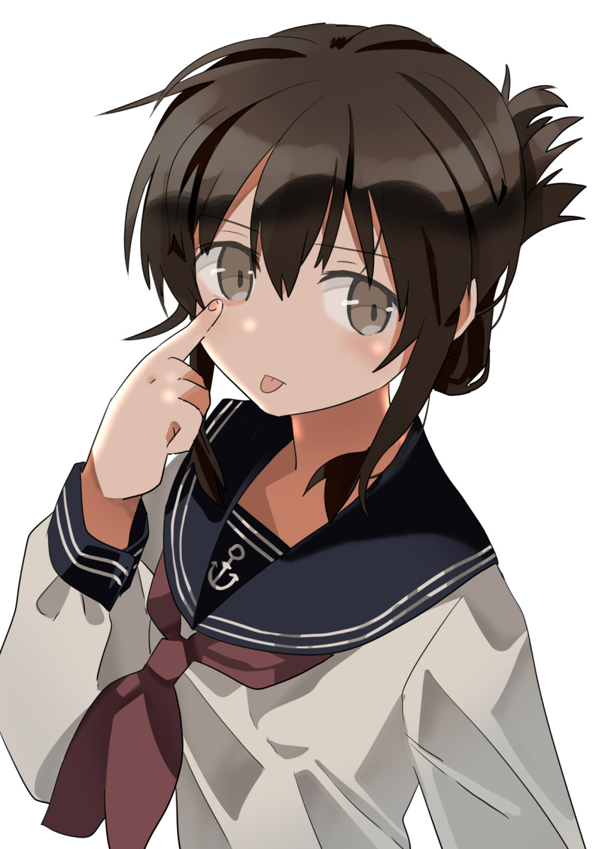 1girl akanbe anchor_symbol black_sailor_collar brown_eyes brown_hair folded_ponytail haida_katsuretsu highres inazuma_(kancolle) kantai_collection looking_at_viewer neckerchief red_neckerchief sailor_collar shirt simple_background solo tongue tongue_out upper_body white_background white_shirt