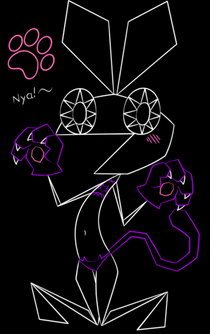 2023 anthro belly black_background blush claws clothed clothing costume ears_up fake_tail female flat_chested footprint gloves handwear hi_res kneeling lagomorph leporid looking_at_viewer mammal open_mouth paw_gloves pawprint pentagram_eyes pink_line_art playstation polygons purple_clothing purple_line_art rabbit simple_background skimpy smile solo sony_corporation sony_interactive_entertainment text vib-ribbon vibri white_line_art zinzoa