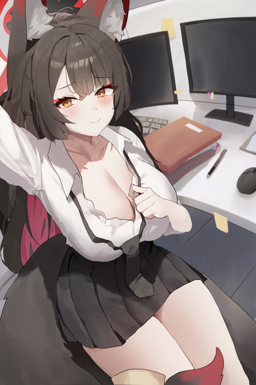 1girl absurdres animal_ear_fluff animal_ears black_hair black_skirt blue_archive blush breasts cleavage closed_mouth collarbone collared_shirt colored_inner_hair commentary fox_ears fox_tail hair_between_eyes halo highres indoors keyboard_(computer) large_breasts long_hair long_sleeves monitor mouse_(computer) multicolored_hair pen pleated_skirt red_hair red_halo seya_(sseya33) shirt skirt smile solo sticky_note tail wakamo_(blue_archive) white_shirt yellow_eyes