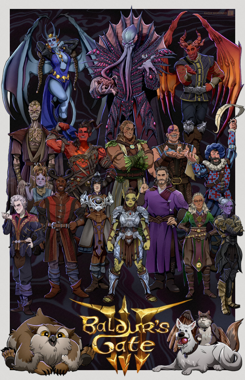 absurd_res anthro armor astarion_(baldur's_gate) baldur's_gate black_hair canid canine canis cape clothing crossed_arms domestic_dog dungeons_and_dragons elf face_tentacles fangs female feral frilly frilly_clothing gale_(baldur's_gate) githyanki glowing glowing_eyes group hair hasbro hi_res human humanoid humanoid_pointy_ears jaheira karlach lae'zel male mammal mind_flayer minsc minthara owlbear purple_body purple_eyes red_eyes robe scratch_(baldur's_gate) shadowheart teeth tentacles vampire white_hair wizards_of_the_coast woeart wyll_(baldur's_gate)