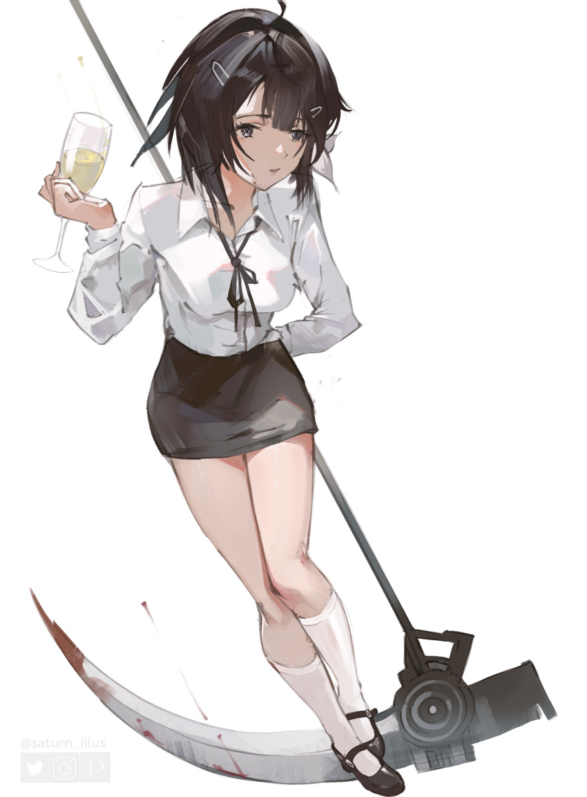 1girl absurdres ahoge alternate_costume arknights black_eyes black_hair black_skirt blood blood_on_weapon breasts cmdr_saturn collared_shirt cup drink drinking_glass full_body hair_ornament hairclip highres holding holding_cup holding_scythe kneehighs la_pluma_(arknights) long_sleeves looking_at_viewer medium_breasts scythe shirt short_hair simple_background skirt socks solo weapon white_background white_shirt white_socks