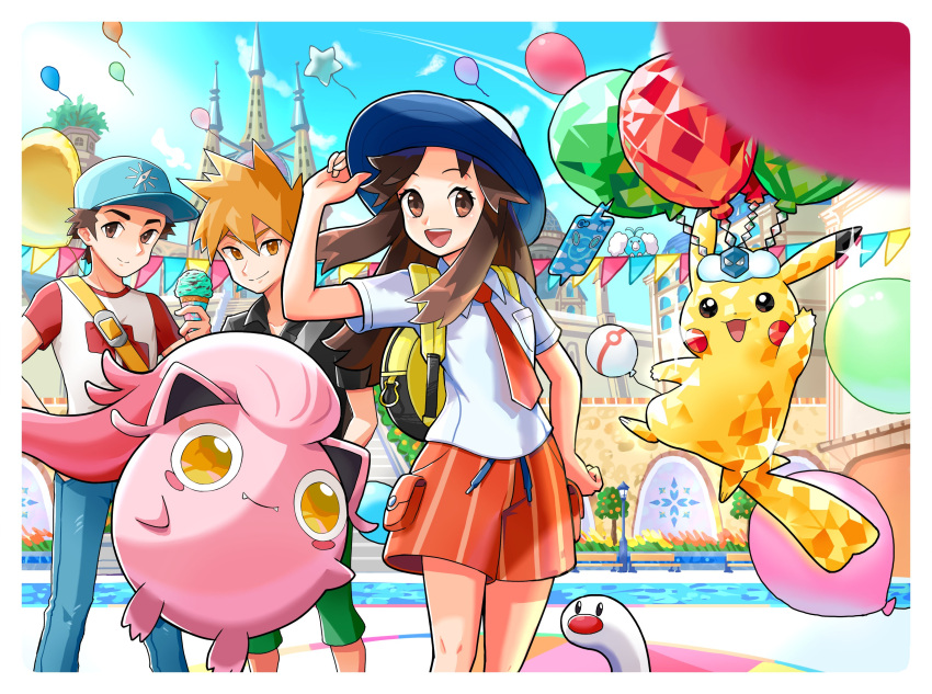 1girl 2boys :d absurdres backpack bag balloon bangs black_shirt blue_oak breast_pocket brown_eyes brown_hair building capri_pants closed_mouth cloud collared_shirt commentary day eyelashes ffccll food green_pants hand_on_headwear hat highres holding ice_cream ice_cream_cone knees leaf_(pokemon) long_hair multiple_boys necktie open_mouth orange_necktie orange_shorts outdoors pants pikachu pocket pokemon pokemon_(creature) pokemon_(game) pokemon_frlg pokemon_sm raglan_sleeves red_(pokemon) scream_tail shirt short_hair short_sleeves shorts sidelocks sky smile spiked_hair standing teeth terastallization tongue upper_teeth_only white_shirt wiglett