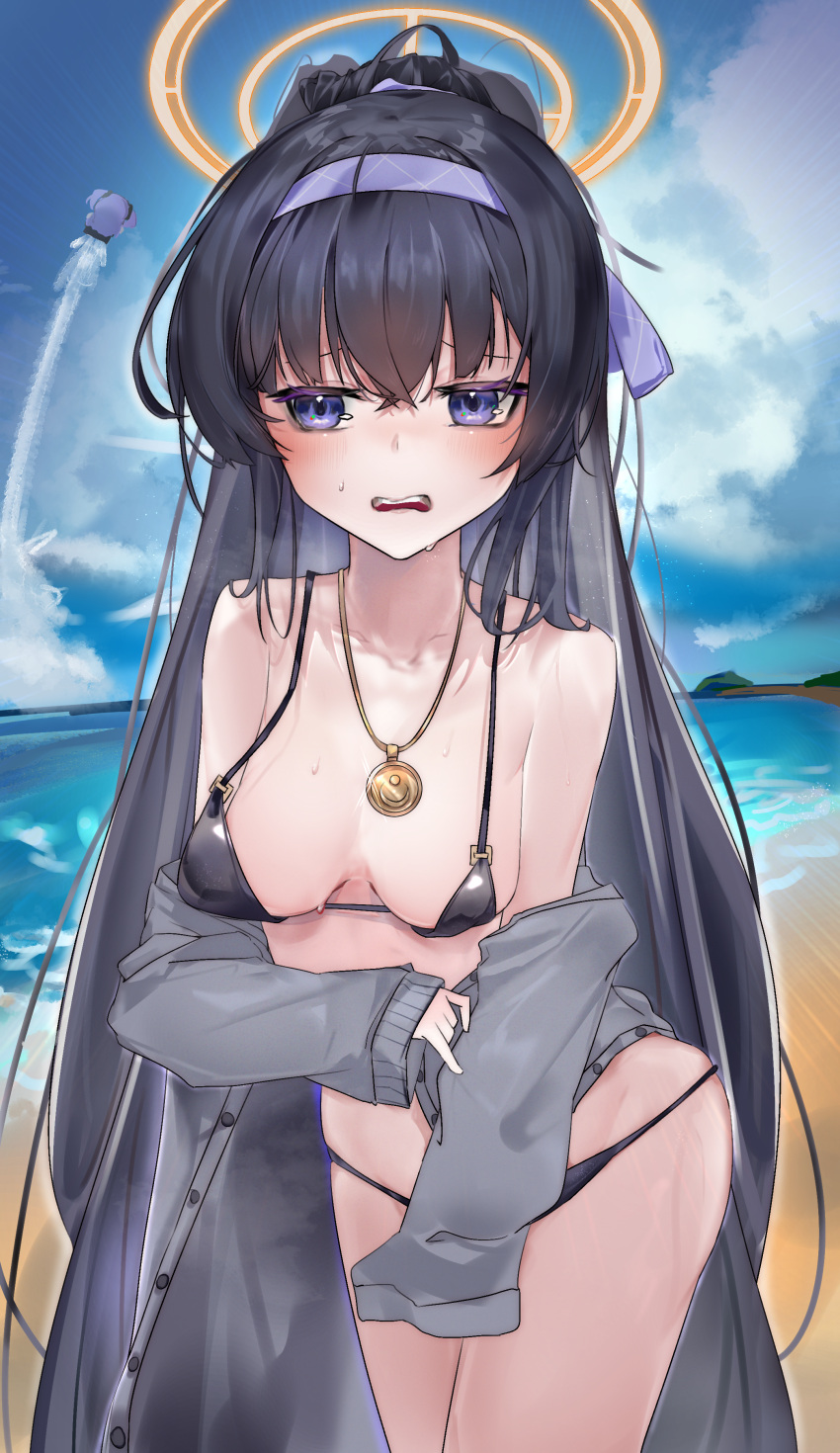 absurdres beach bikini black_bikini black_hair blue_archive blush breasts clothes_lift hairband halo high_ponytail highres jacket jewelry long_hair necklace swimsuit ui_(blue_archive) ui_(swimsuit)_(blue_archive) wanghua water wet