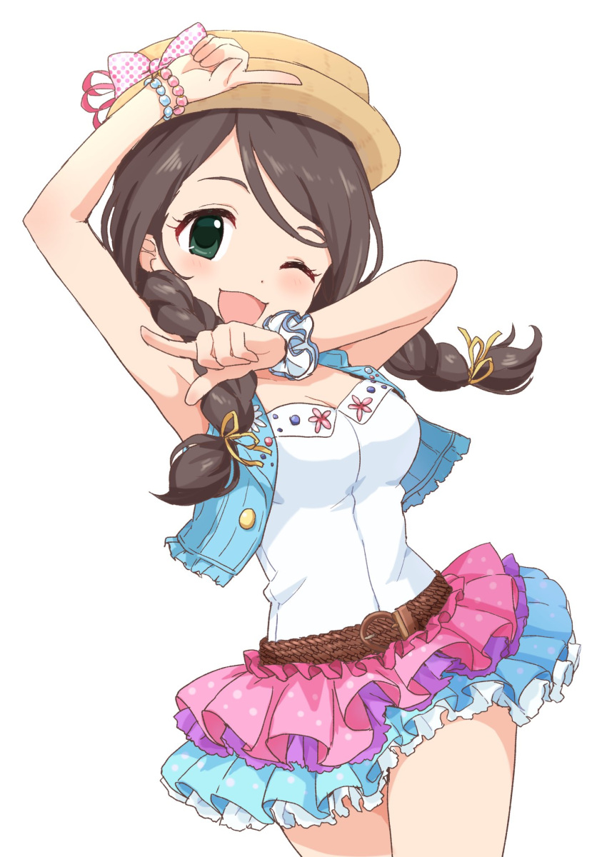 1girl akanishi_erika arm_up belt blue_jacket blush bracelet braid breasts brown_belt brown_hair buchi_(y0u0ri_) cleavage collarbone dot_nose frilled_skirt frills green_eyes hat highres idolmaster idolmaster_cinderella_girls idolmaster_cinderella_girls_starlight_stage index_finger_raised jacket jewelry large_breasts layered_shirt long_hair looking_at_viewer multicolored_clothes multicolored_skirt one_eye_closed open_clothes open_jacket open_mouth pink_ribbon polka_dot polka_dot_ribbon ribbon scrunchie shirt simple_background skirt smile solo standing thighs twin_braids white_background white_shirt