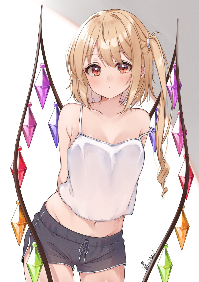 1girl absurdres black_shorts blonde_hair blush breasts camisole collarbone commentary_request crop_top crystal crystal_wings dolphin_shorts flandre_scarlet groin haruki_(colorful_macaron) highres looking_at_viewer navel one_side_up red_eyes shorts side_slit side_slit_shorts signature small_breasts solo strap_slip touhou wet wet_hair white_camisole wings