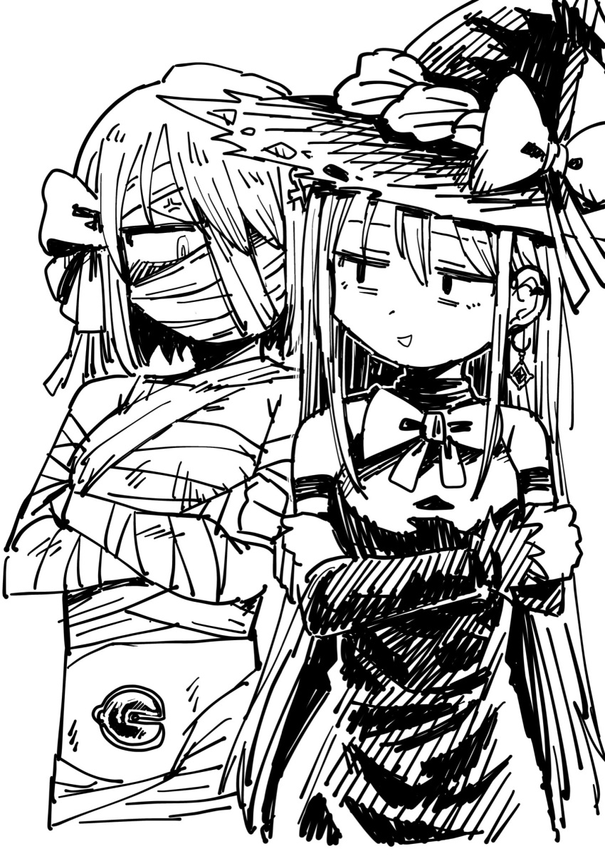 2girls akemi_homura bandage_on_face bandages bare_shoulders bow bowtie cosplay crossed_arms detached_sleeves earrings embarrassed hair_bow halloween_costume hat hat_bow highres jewelry long_hair looking_at_another mahou_shoujo_madoka_magica mahou_shoujo_madoka_magica:_walpurgis_no_kaiten miki_sayaka monochrome multiple_girls mummy_costume navel open_mouth sketch soul_gem standing witch witch_hat youichi82880400