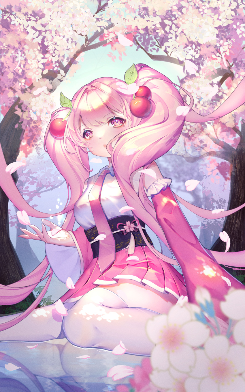 1girl absurdres arua cherry_blossoms cherry_hair_ornament detached_sleeves flower food-themed_hair_ornament hair_ornament hatsune_miku highres long_hair looking_at_viewer necktie obi open_mouth outdoors petals pink_eyes pink_hair pink_necktie pink_skirt pink_sleeves pleated_skirt reflection sakura_miku sash sitting skirt solo thighhighs tree twintails very_long_hair vocaloid wariza white_thighhighs wide_sleeves