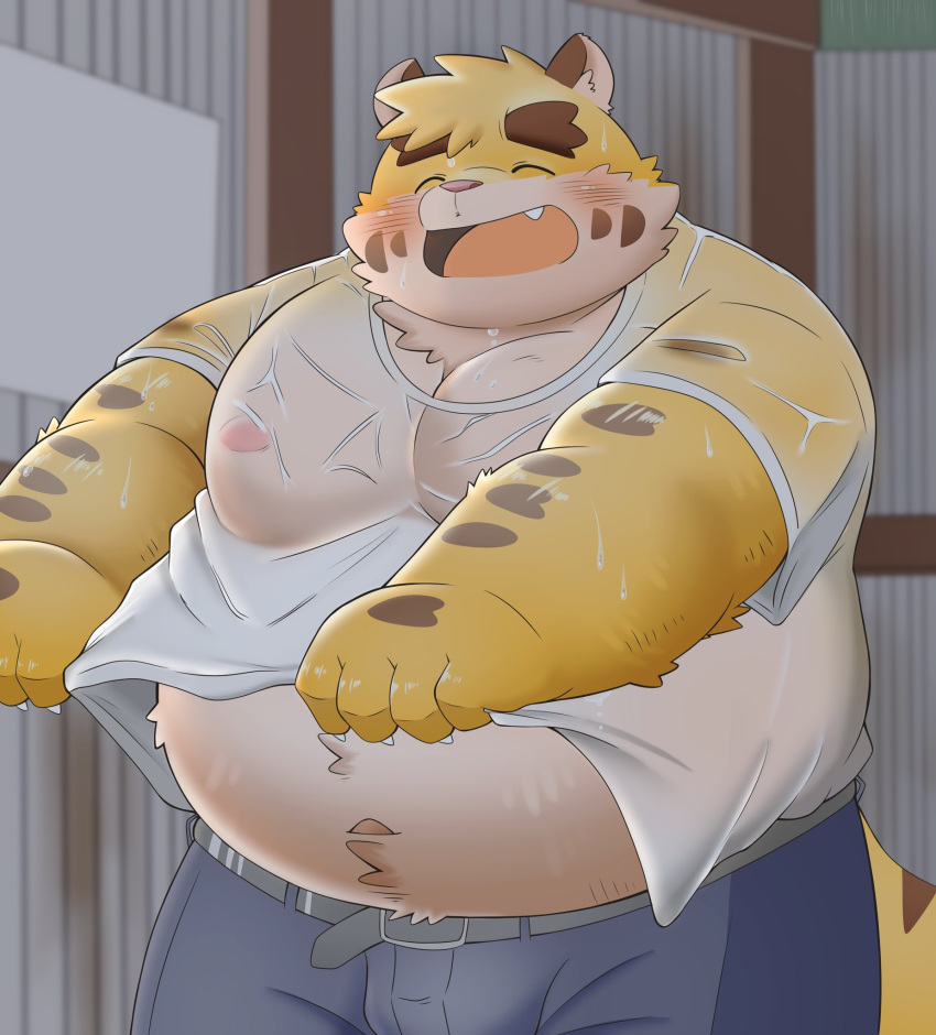 2023 anthro belly big_belly blush bottomwear clothing cute_fangs eyes_closed felid hi_res kemono male mammal moobs navel nipples overweight overweight_male pantherine pants puss3250 shirt solo tiger topwear wet wet_clothing wet_shirt wet_topwear