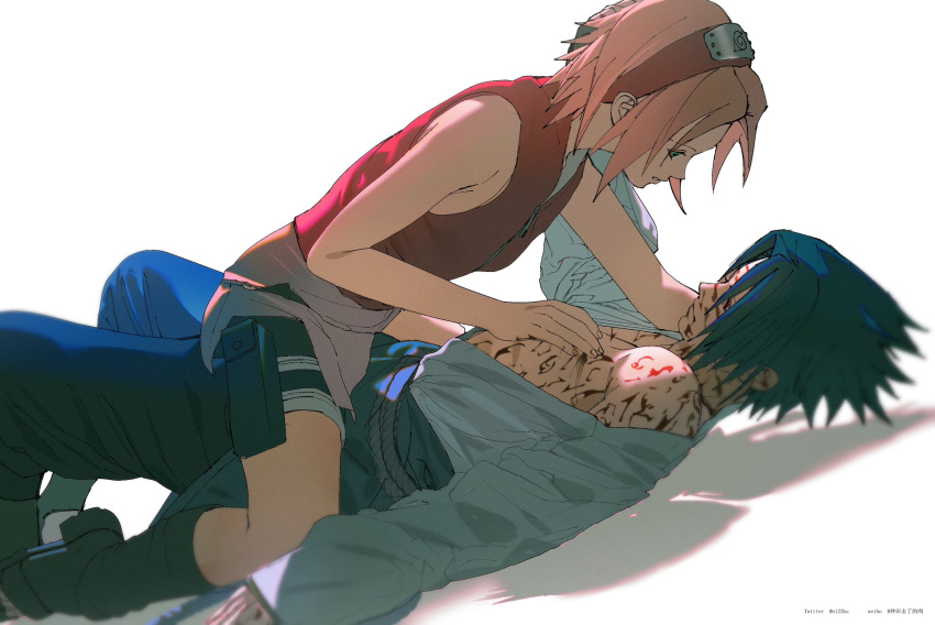 1boy 1girl black_hair boots chinese_commentary commentary_request facial_mark forehead_protector girl_on_top hairband hand_on_another's_chest haruno_sakura highres japanese_clothes konohagakure_symbol naruto_(series) naruto_shippuuden niku_(ni23ku) pink_hair pink_hairband pouch short_hair shorts twitter_username uchiha_sasuke