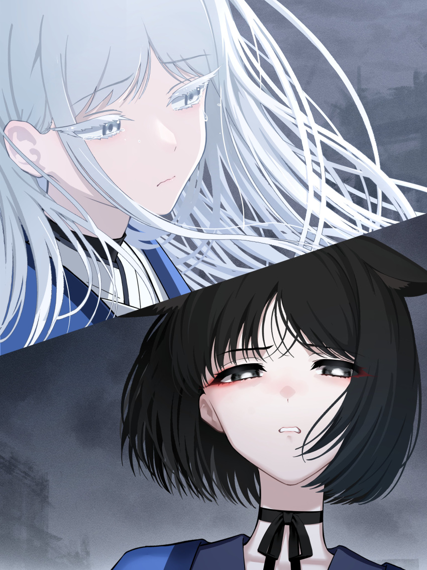 2girls absurdres animal_ears aoi_riko black_eyes black_hair blue_archive cat_ears closed_mouth colored_eyelashes eyeshadow grey_eyes haori highres japanese_clothes kikyou_(blue_archive) long_hair makeup multiple_girls nagusa_(blue_archive) open_mouth portrait red_eyeshadow short_hair tears white_hair