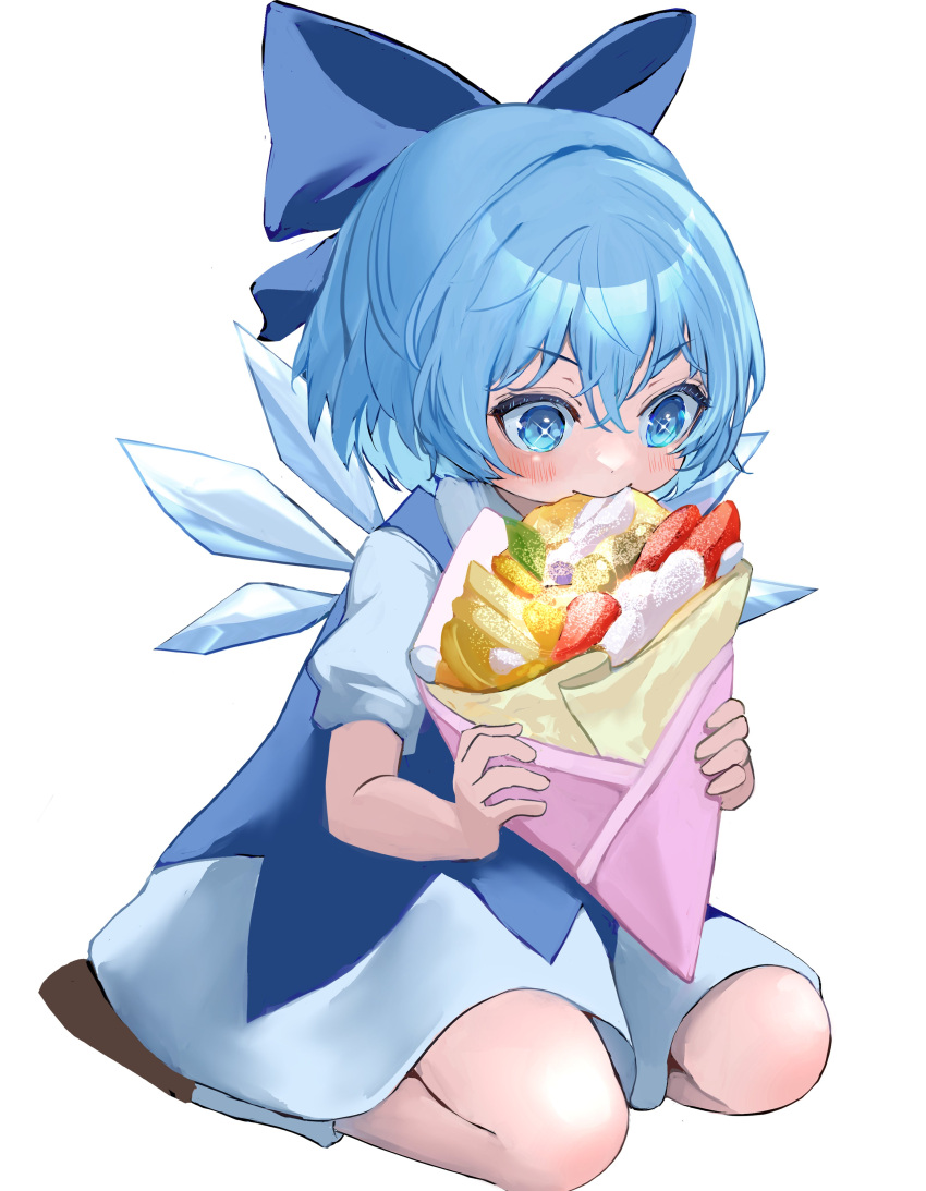 1girl absurdres blue_bow blue_dress blue_eyes blue_hair bow cirno cream crepe dress eating food fruit hair_bow highres ice ice_wings large_bow lemon lemon_slice mikan_(manmarumikan) short_hair short_sleeves sitting solo sparkling_eyes strawberry strawberry_slice touhou white_background wings