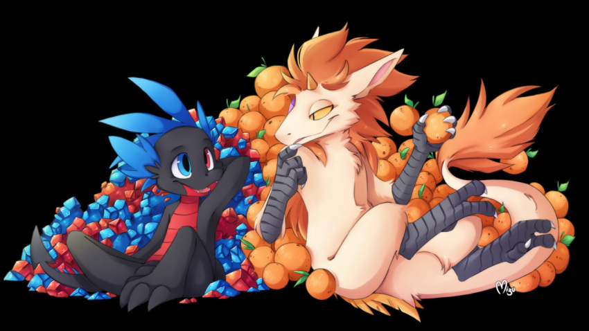 16:9 anthro blazemizu chimera corops_blackscale dragon duo food fruit gem hoard male orange_(fruit) plant rithvik ruby_(gem) sapphire_(gem) scalie tail widescreen wingless_dragon