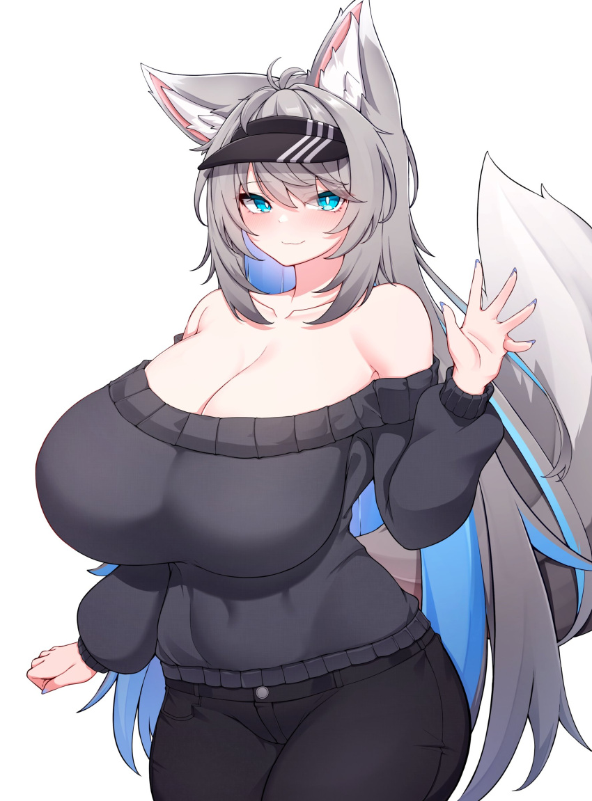 1girl 5danny1206 absurdres animal_ear_fluff animal_ears antenna_hair bare_shoulders black_headwear black_pants black_sweater blue_eyes blue_hair blue_nails breasts bright_pupils cleavage collarbone colored_inner_hair fox_ears fox_girl grey_hair highres huge_breasts jewelry multicolored_hair necklace off-shoulder_sweater off_shoulder pants see-through solo streaked_hair sweater visor_cap vrchat white_pupils