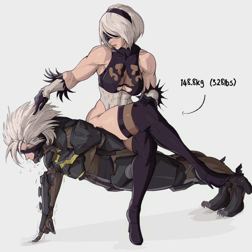 1boy 1girl 2b_(nier:automata) alternate_muscle_size black_blindfold blindfold boots breasts clothing_cutout commentary covered_abs covered_eyes crossed_legs crossover cyborg deltoids english_commentary exercise finger_push-ups girl_on_top grey_hair high_heels highres large_breasts leotard metal_gear_(series) metal_gear_rising:_revengeance mole mole_under_mouth muscular muscular_female nier:automata nier_(series) push-ups raiden_(metal_gear) short_hair sitting sitting_on_person stiletto_heels strong thick_thighs thigh_boots thighhighs thighhighs_under_boots thighs thong_leotard trait_connection underboob_cutout weight yoracrab