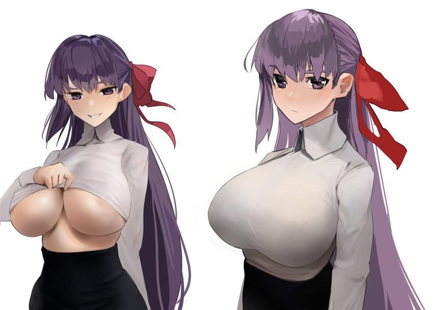 1girl bb_(fate) bb_(fate/extra) black_skirt blush breasts closed_mouth clothes_lift collared_shirt fate/extra fate/extra_ccc fate_(series) grin hair_ribbon high-waist_skirt highres large_breasts long_hair long_sleeves looking_at_viewer multiple_views obazzotto purple_eyes purple_hair red_ribbon ribbon shirt skirt smile underboob very_long_hair white_shirt