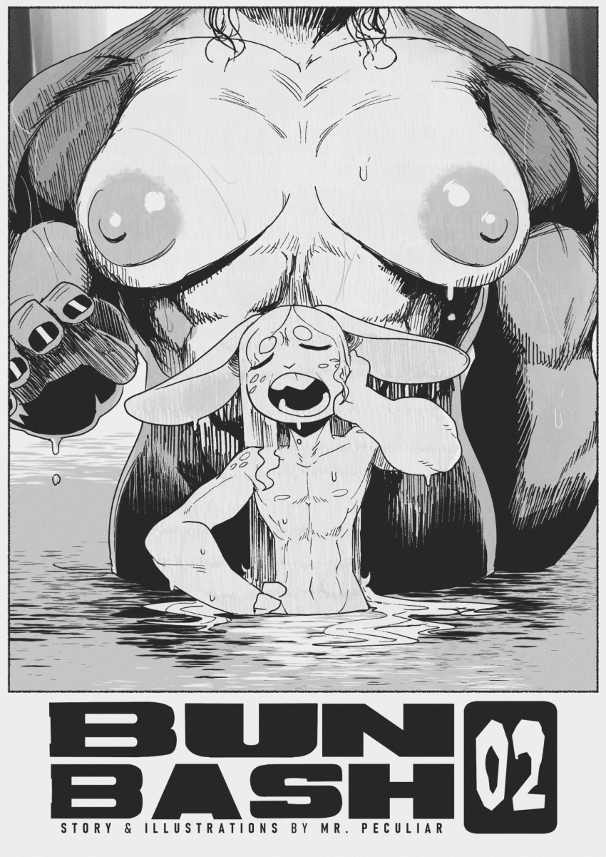 2023 5_fingers abs anthro areola arms_bent big_areola big_breasts big_ears big_mouth_(anatomy) big_muscles big_nipples biped black_and_white black_nails black_text breasts breasts_apart circle_eyebrows colored_nails comic cover cover_art digital_media_(artwork) duo english_text eyebrows eyes_closed faceless_anthro faceless_character faceless_female female fingernails fingers front_view glistening glistening_areola glistening_nipples gynomorph_(lore) hair hand_on_face hand_on_hip hand_on_own_face hand_on_own_hip hare hi_res humanoid_hands imminent_sex lagomorph leporid long_hair male mammal monochrome muscular muscular_arms muscular_female muscular_male nails nipples nude nude_anthro nude_female nude_male open_mouth partially_submerged peculiart rabbit ruth_(peculiart) small_comic standing standing_in_water stig_(peculiart) teeth text thick_arms thick_neck thick_thighs title vein veiny_muscles water water_drop water_ripple wet wet_body wet_hair