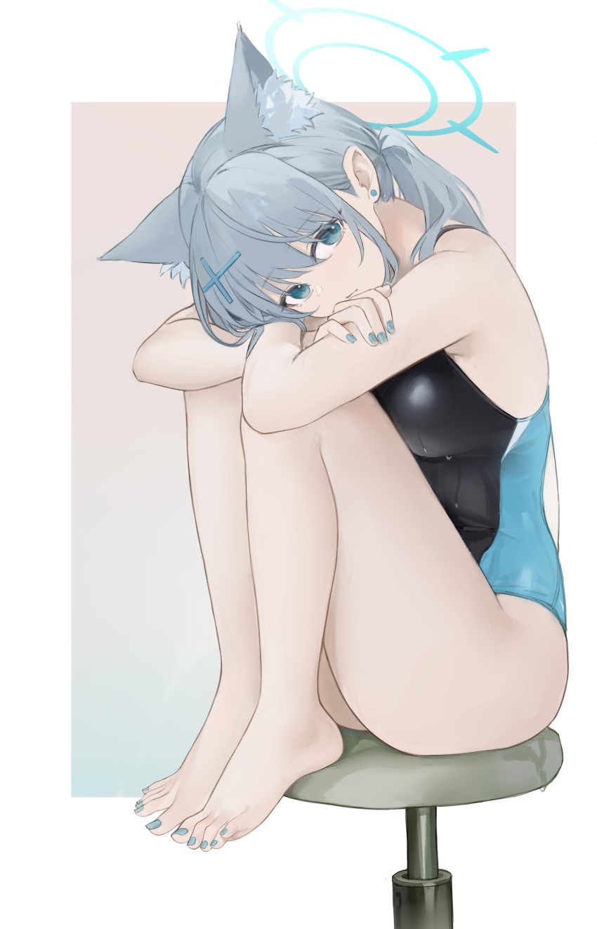 1girl absurdres animal_ear_fluff animal_ears aqua_eyes ass bare_legs barefoot blue_archive breasts cross_hair_ornament crossed_arms earrings feet fingernails grey_hair hair_ornament halo head_rest head_tilt highres jewelry knees_up looking_at_viewer medium_breasts nagata_gata nail_polish official_alternate_costume on_stool ponytail shiroko_(blue_archive) simple_background sitting solo stud_earrings toenail_polish toenails toes two-tone_one-piece_swimsuit wolf_ears