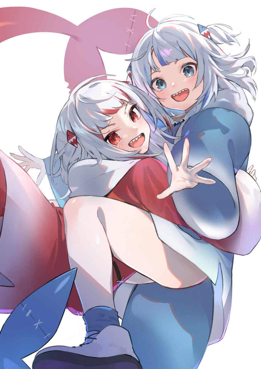 2girls :d absurdres ankle_socks arms_around_waist ass blue_eyes blue_hair blue_hoodie blue_socks blunt_bangs dual_persona fins fish_tail floating_hair gawr_gura hair_ornament highres hololive hololive_english hood hood_down hoodie hug kouhiipan long_hoodie looking_at_viewer looking_back medium_hair multicolored_hair multiple_girls open_mouth reaching reaching_towards_viewer red_eyes red_hair red_hoodie reflect_(gawr_gura) shark_hair_ornament shark_tail sharp_teeth shoes smile socks spread_fingers tail teeth two-tone_hair two_side_up virtual_youtuber white_footwear white_hair