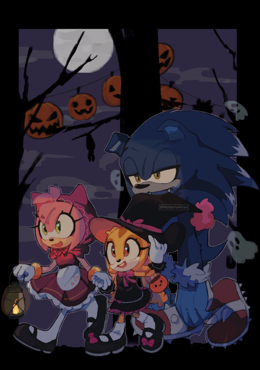 1boy 2girls absurdres amy_rose buck_teeth cosplay cream_the_rabbit fangs full_moon halloween halloween_costume hat highres historiaallen jack-o'-lantern little_red_riding_hood_(grimm) little_red_riding_hood_(grimm)_(cosplay) moon multiple_girls night shoes sonic_(series) sonic_the_hedgehog sonic_the_werehog spiked_shoes spikes teeth tree upper_teeth_only witch witch_hat