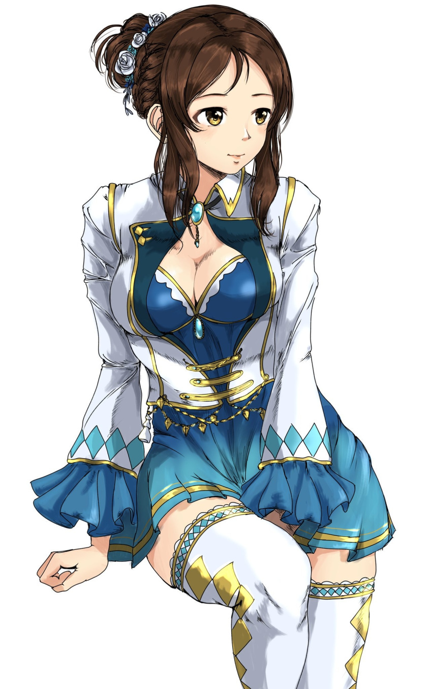 1girl ayase_honoka between_legs blue_brooch blue_dress blush breasts brown_eyes brown_hair cleavage dress flower gatsby_ssl hair_bun hair_flower hair_ornament hand_between_legs highres idolmaster idolmaster_cinderella_girls idolmaster_cinderella_girls_starlight_stage invisible_chair jacket large_breasts long_sleeves looking_at_another parted_lips rose simple_background single_hair_bun sitting smile solo thighhighs white_background white_flower white_jacket white_rose white_thighhighs yellow_trim zettai_ryouiki