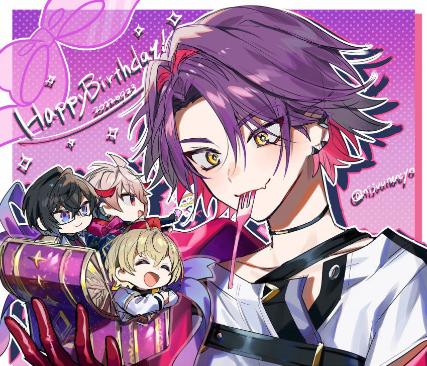 +_+ 4boys black_hair blonde_hair blue_ribbon blush border chibi closed_eyes colored_inner_hair commentary_request crossed_arms crossed_bangs dated fang fork fura_kanato glasses gloves hair_intakes hair_ornament hairclip happy happy_birthday highres holding light_brown_hair miyukiyo multicolored_hair multiple_boys nijisanji open_mouth outline parted_bangs pink_hair polka_dot polka_dot_background purple_background purple_eyes red_eyes red_gloves red_hair ribbon seraph_dazzlegarden shikinagi_akira shikinagi_akira_(1st_costume) shirt short_hair sparkle sweatdrop treasure_chest twitter_username upper_body utensil_in_mouth virtual_youtuber watarai_hibari watarai_hibari_(1st_costume) white_shirt yellow_eyes