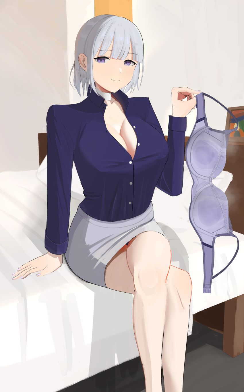 1girl absurdres bandaged_neck bandages bed bra breasts cleavage closed_mouth collarbone commentary_request feet_out_of_frame girls'_frontline grey_hair grey_skirt highres holding holding_bra holding_clothes holding_underwear indoors koucha_kouden large_breasts looking_at_viewer miniskirt on_bed pillow purple_bra purple_eyes purple_shirt rpk-16_(girls'_frontline) rpk-16_(renate)_(girls'_frontline) shirt short_hair sitting skirt smile solo underwear