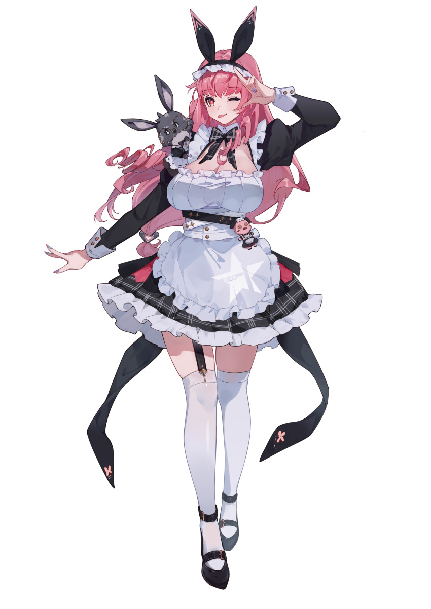 1girl ;p absurdres alternate_costume animal_ears apron ariakk arm_up ayla_(punishing:_gray_raven) black_dress black_footwear black_skirt breasts cleavage closed_mouth commentary_request doll dress drill_hair enmaided fake_animal_ears frilled_apron frilled_skirt frills full_body garter_straps glasses highres juliet_sleeves long_hair long_sleeves looking_at_viewer low-tied_long_hair maid mary_janes one_eye_closed pink_eyes pink_hair plaid plaid_skirt puffy_sleeves punishing:_gray_raven purple_nails rabbit rabbit_ears rabbit_on_shoulder salute shoes simple_background single_garter_strap skirt sleeve_cuffs solo thighhighs tongue tongue_out two-finger_salute white_apron white_background white_thighhighs