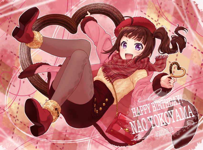 1girl 2020 ahoge ankle_boots bag beret blush boots brown_hair buttons character_name chocolate coat drill_hair food fur_trim happy_birthday hat heart highres holding idolmaster idolmaster_million_live! idolmaster_million_live!_theater_days long_hair long_sleeves looking_at_viewer manicure nail_polish open_clothes open_coat open_mouth pencil_skirt pink_coat plaid purple_eyes red_headwear scarf shiro_(ongrokm) side_drill side_ponytail sidelocks skirt smile solo sweater sweets yokoyama_nao
