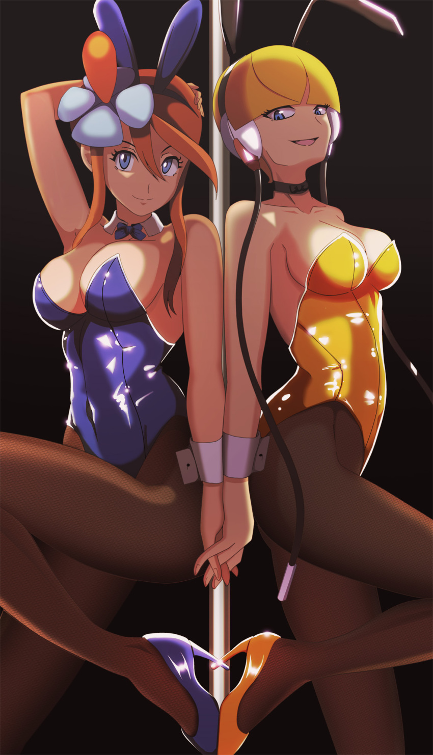 2girls alternate_costume animal_ears bare_shoulders black_background black_bow black_bowtie black_choker black_pantyhose blonde_hair blue_eyes blue_footwear blue_leotard blunt_bangs bow bowtie breasts choker covered_navel detached_collar elesa_(pokemon) english_commentary fake_animal_ears hair_between_eyes hair_ornament hand_on_own_head headphones high_heels highleg highleg_leotard highres holding_hands large_breasts leotard looking_at_viewer multiple_girls pantyhose playboy_bunny pokemon pokemon_(game) pokemon_bw pole_dancing rabbit_ears red_hair short_hair sidelocks skyla_(pokemon) smile standing standing_on_one_leg strapless strapless_leotard stripper_pole traditional_bowtie vivivoovoo white_wrist_cuffs yellow_footwear yellow_leotard