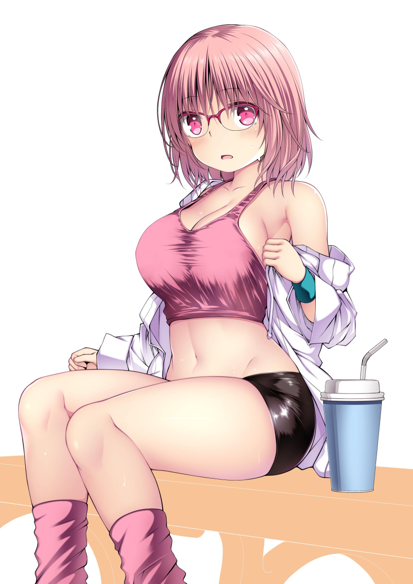 1girl absurdres blush bra breasts cleavage cup drinking_straw glasses highres jacket kuromayu large_breasts long_sleeves looking_at_viewer navel off_shoulder open_clothes open_jacket original parted_lips pink_bra pink_eyes pink_hair pink_socks short_hair short_shorts shorts simple_background sitting socks solo sports_bra sportswear sweat underwear white_jacket