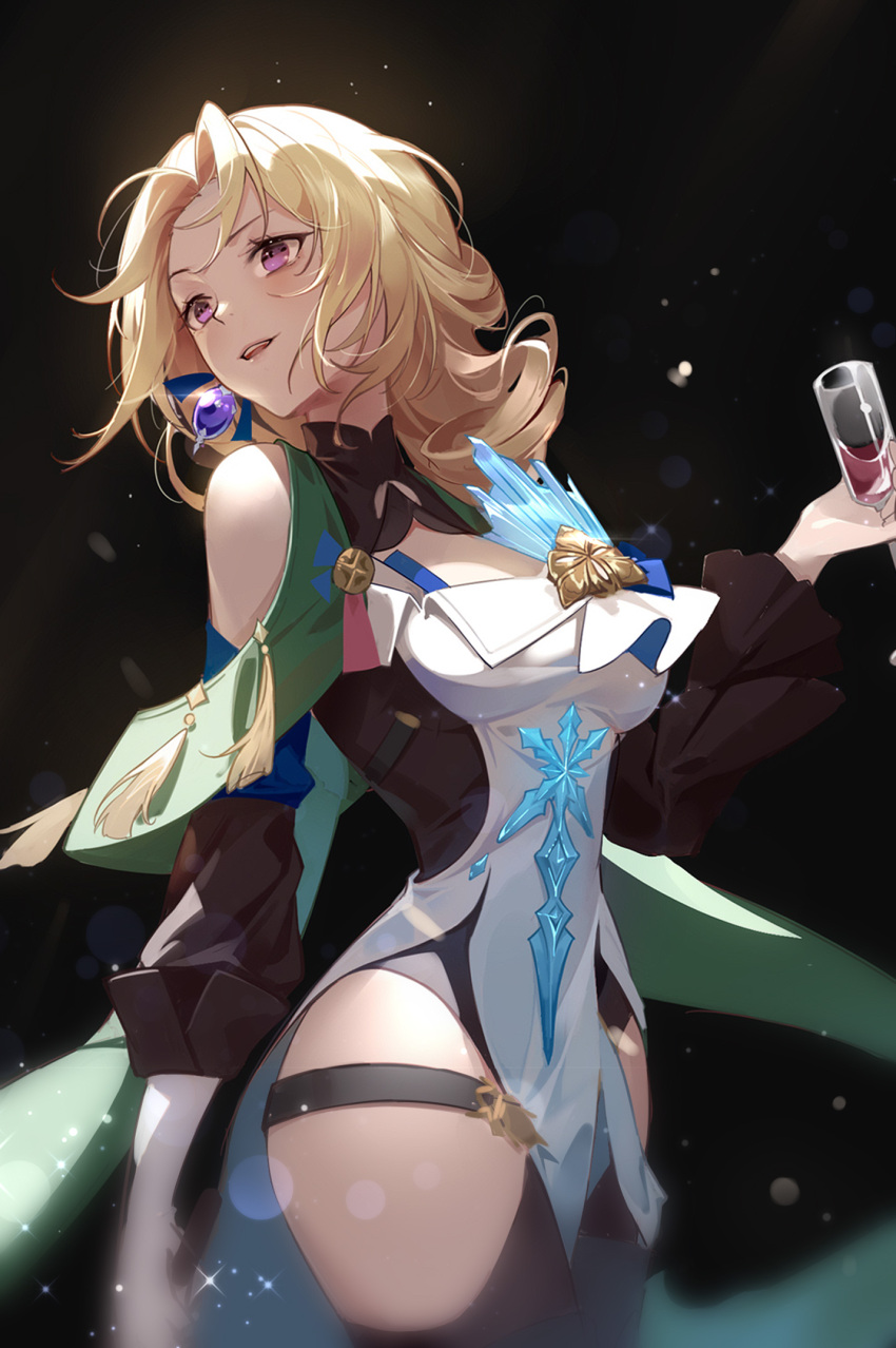 1girl bare_shoulders black_background blonde_hair breasts champagne_flute cocolia_rand commentary_request cowboy_shot cup dress drinking_glass gloves highres holding holding_cup honkai:_star_rail honkai_(series) long_hair long_sleeves medium_breasts pelvic_curtain purple_eyes single_glove solo standing thigh_strap thighs white_gloves woodylixx