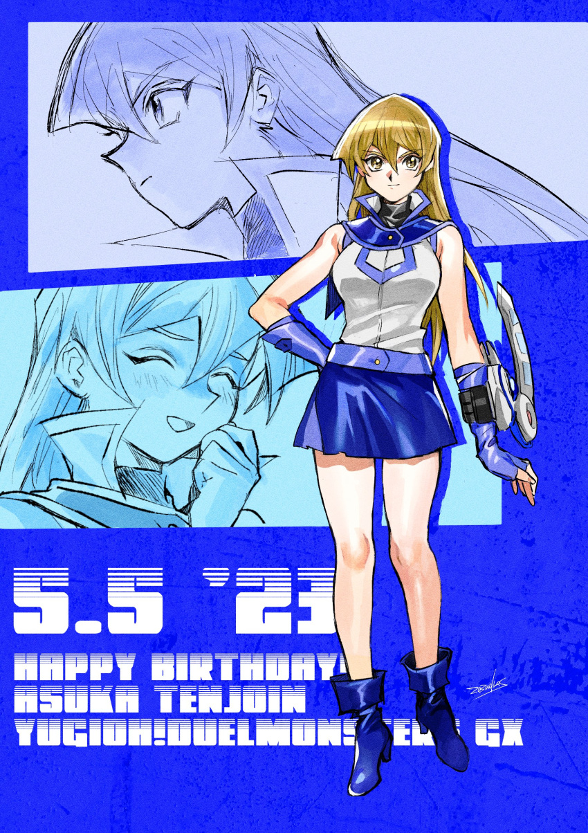 1girl 203wolves absurdres bare_shoulders belt birthday blonde_hair blue_background blue_footwear blue_gloves blue_sailor_collar blue_skirt boots breasts buttons character_name closed_mouth commentary_request dated duel_academy_uniform_(yu-gi-oh!_gx) duel_disk fingerless_gloves full_body gloves hair_between_eyes happy_birthday high_collar high_heel_boots high_heels highres large_breasts legs long_hair looking_at_viewer miniskirt sailor_collar shirt signature skirt sleeveless sleeveless_shirt smile standing straight_hair tenjouin_asuka turtleneck yellow_eyes yu-gi-oh! yu-gi-oh!_gx