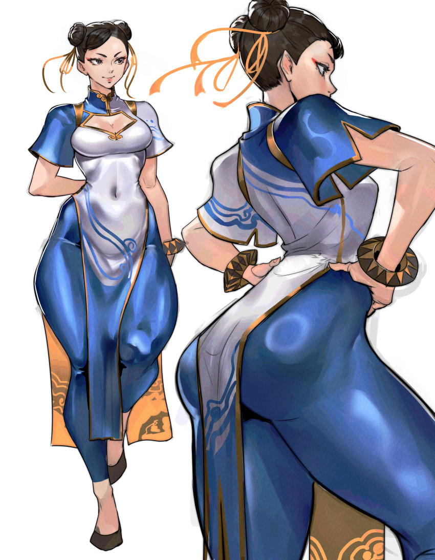 1girl absurdres arm_behind_back black_eyes black_hair blue_pants bow bowtie bracelet breasts china_dress chinese_clothes chun-li cleavage closed_mouth commentary commission covered_navel double_bun dress full_body gold_trim hair_bun hands_on_own_hips highres jewelry juaag_acgy lips makeup medium_breasts multiple_views pants shiny_clothes shoes short_sleeves simple_background skeb_commission skin_tight smile street_fighter street_fighter_6 white_background