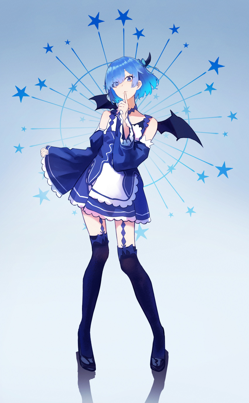 1girl absurdres adapted_costume asymmetrical_bangs bangs bare_shoulders bat_wings black_footwear blue_background blue_bow blue_dress blue_eyes blue_garter_straps blue_hair blue_ribbon blue_theme blue_thighhighs bow closed_mouth detached_sleeves dress finger_to_mouth full_body gradient_background gradient_hair hair_bow hair_over_one_eye high_heels highres horns index_finger_raised looking_at_viewer mini_wings multicolored_hair parted_bangs re:zero_kara_hajimeru_isekai_seikatsu reflection rem_(re:zero) ribbon rn9 short_dress short_hair simple_background single_horn solo star_(symbol) thighhighs wide_sleeves wings zettai_ryouiki