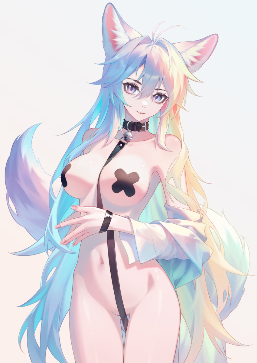 1girl absurdres animal_ear_fluff animal_ears blonde_hair blue_hair breasts commentary_request fox_ears gradient_background green_hair grey_background highres kirby_d_a long_hair looking_at_viewer medium_breasts multicolored_hair original pasties revision smile solo tail thighs very_long_hair white_hair