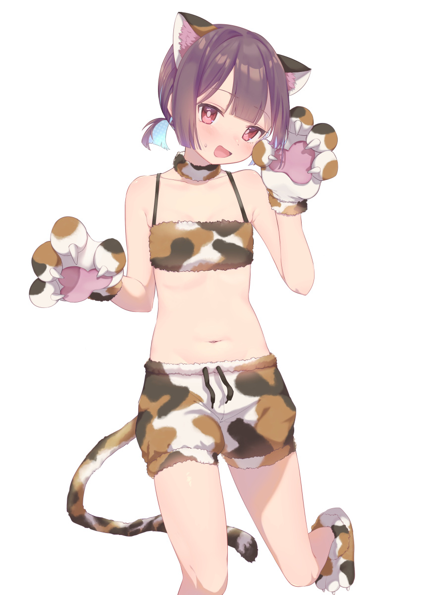 1girl :d absurdres animal_ears animal_hands black_hair blunt_bangs calico cat_ears colored_inner_hair commentary_request fake_animal_ears fake_claws fur_choker gloves hair_between_eyes head_tilt highres hozuki_momiji looking_at_viewer low_ponytail medium_hair multicolored_hair navel onii-chan_wa_oshimai! paw_gloves paw_pose red_eyes short_shorts shorts sidelocks simple_background sleeveless smile solo standing standing_on_one_leg stomach sweatdrop two-tone_hair white_background yoku_soy