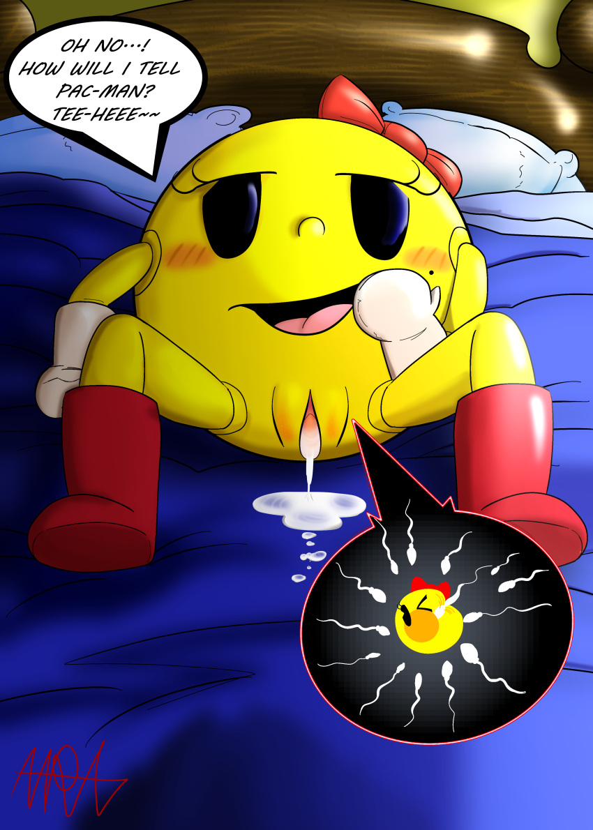 2d_(artwork) absurd_res babyaren bandai_namco bed blush bodily_fluids body_blush boots clothing cuckold cum cum_drip cum_in_pussy cum_inside cum_on_bed dripping female footwear furniture genital_fluids gloves handwear hi_res impregnation ms._pac-man not_furry pac-man_(series) pac-person pussy_blush solo solo_focus sperm_cell toony_eyes x-ray_vision yellow_body yellow_skin